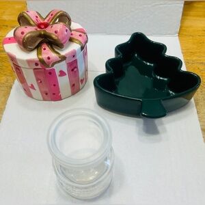 Trinket box, small glass creamer jar & Christmas tree ramekin.